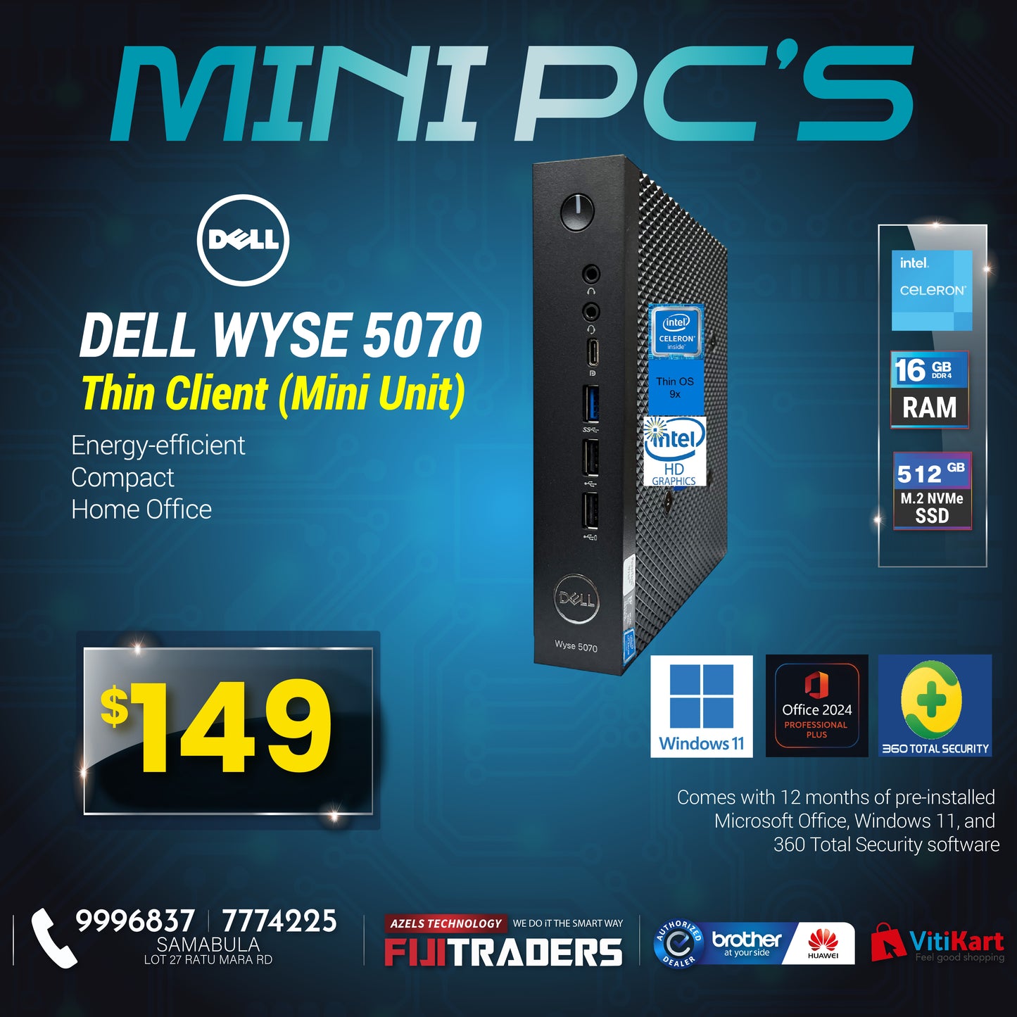 Dell Wyse 5070 thin Client (mini unit) | Celeron J4105 | 4GB RAM | 32GB eMMC (Ex-Leased)
